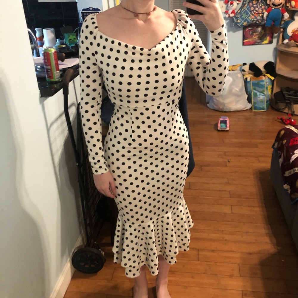 SHEIN White and black polka dot midi bodycon dress with long sleeves